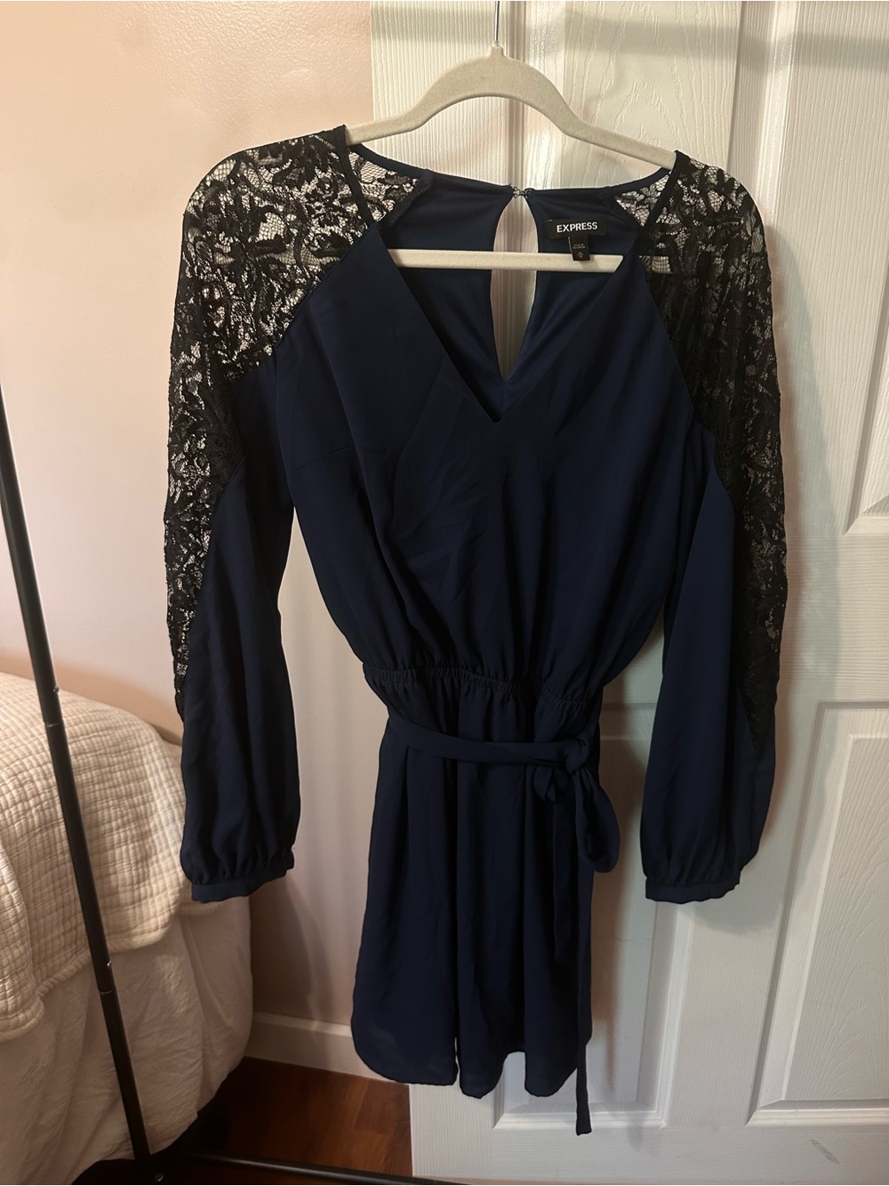 Express Navy and Black Lace Long-Sleeve V-Neck Dress